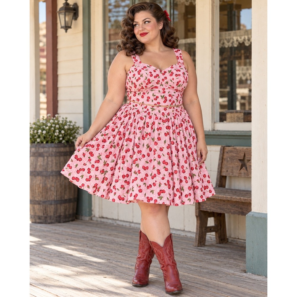 Retro Chic by Torrid Pink Cherry Print Seersucker 2 Piece Skirt Set Plus Size 1